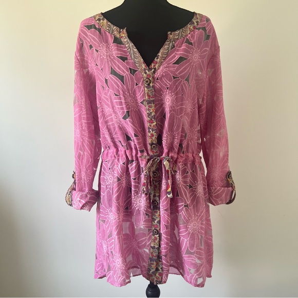 Nick & Mo Other - Nick & Mo Sheer Pink Floral Cover Up Tie Waist Boho Beach Large